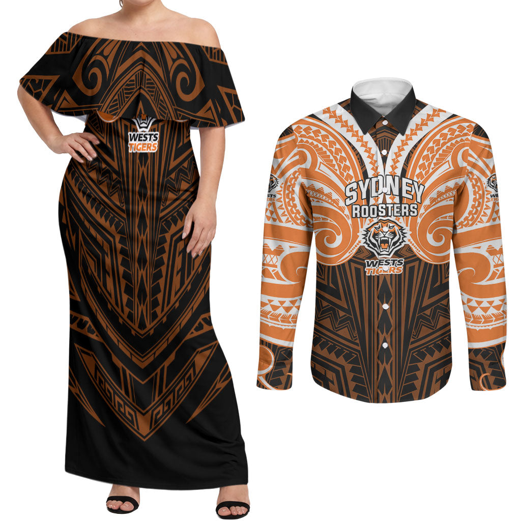 Custom Wests Tigers Couples Matching Off Shoulder Maxi Dress and Long Sleeve Button Shirt TigerWarrior Polynesia Islander Rugby Mascot
