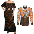 Custom Wests Tigers Couples Matching Off Shoulder Maxi Dress and Long Sleeve Button Shirt TigerWarrior Polynesia Islander Rugby Mascot