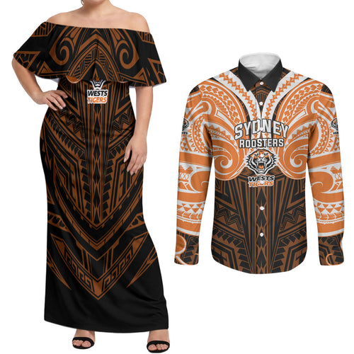 Custom Wests Tigers Couples Matching Off Shoulder Maxi Dress and Long Sleeve Button Shirt TigerWarrior Polynesia Islander Rugby Mascot