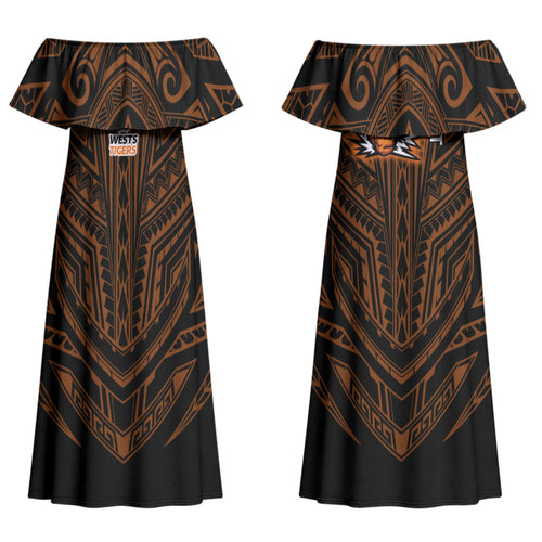 Custom Wests Tigers Couples Matching Off Shoulder Maxi Dress and Long Sleeve Button Shirt TigerWarrior Polynesia Islander Rugby Mascot