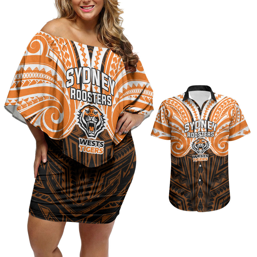 Custom Wests Tigers Couples Matching Off Shoulder Short Dress and Hawaiian Shirt TigerWarrior Polynesia Islander Rugby Mascot