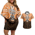 Custom Wests Tigers Couples Matching Off Shoulder Short Dress and Hawaiian Shirt TigerWarrior Polynesia Islander Rugby Mascot