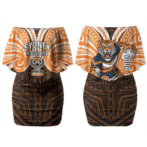 Custom Wests Tigers Couples Matching Off Shoulder Short Dress and Hawaiian Shirt TigerWarrior Polynesia Islander Rugby Mascot