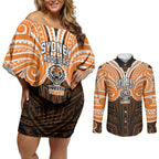 Custom Wests Tigers Couples Matching Off Shoulder Short Dress and Long Sleeve Button Shirt TigerWarrior Polynesia Islander Rugby Mascot