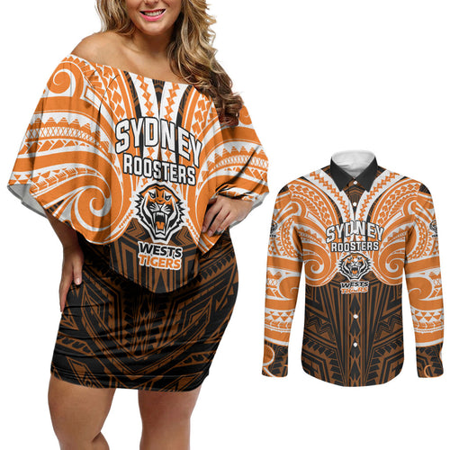 Custom Wests Tigers Couples Matching Off Shoulder Short Dress and Long Sleeve Button Shirt TigerWarrior Polynesia Islander Rugby Mascot
