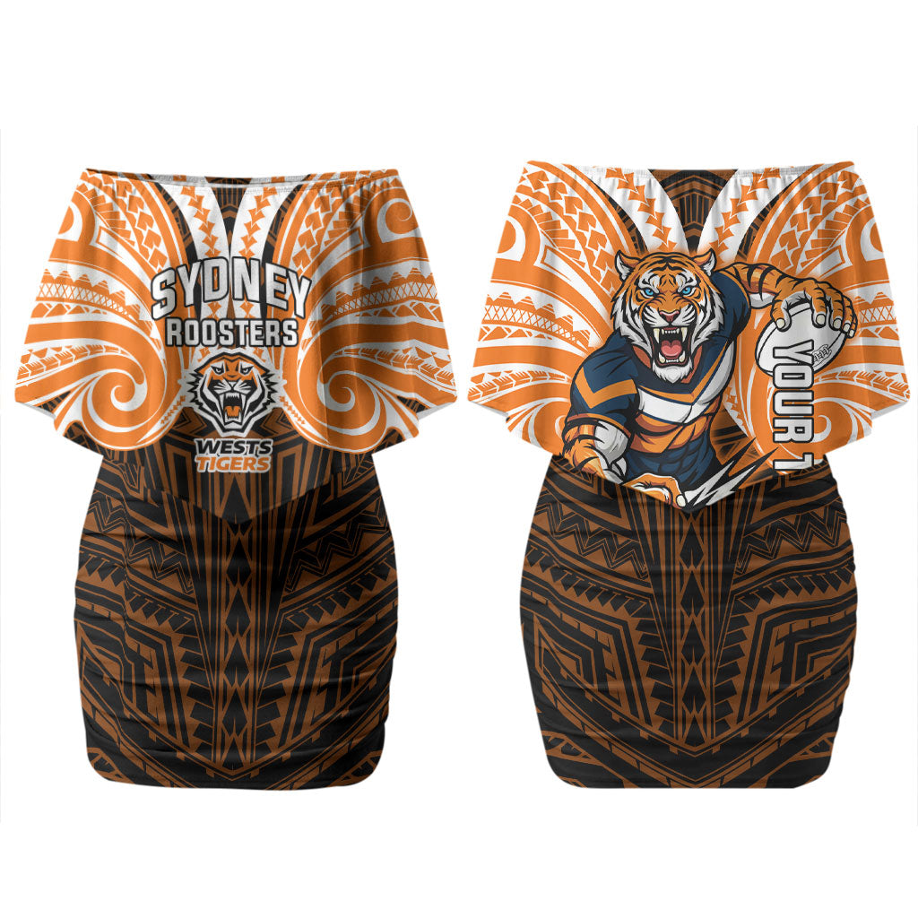 Custom Wests Tigers Couples Matching Off Shoulder Short Dress and Long Sleeve Button Shirt TigerWarrior Polynesia Islander Rugby Mascot