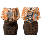 Custom Wests Tigers Couples Matching Off Shoulder Short Dress and Long Sleeve Button Shirt TigerWarrior Polynesia Islander Rugby Mascot