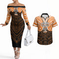 Custom Wests Tigers Couples Matching Off The Shoulder Long Sleeve Dress and Hawaiian Shirt TigerWarrior Polynesia Islander Rugby Mascot