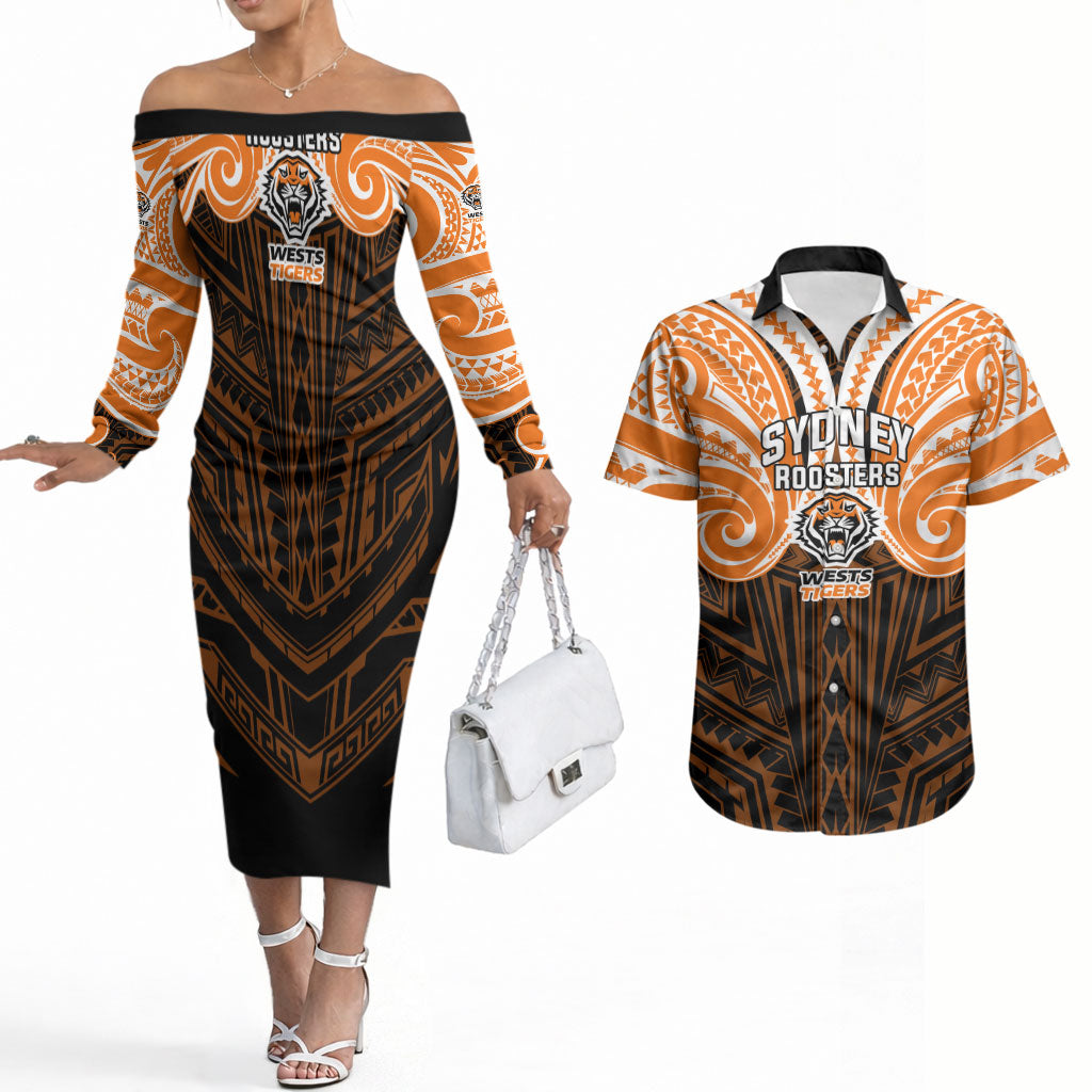 Custom Wests Tigers Couples Matching Off The Shoulder Long Sleeve Dress and Hawaiian Shirt TigerWarrior Polynesia Islander Rugby Mascot