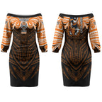 Custom Wests Tigers Couples Matching Off The Shoulder Long Sleeve Dress and Hawaiian Shirt TigerWarrior Polynesia Islander Rugby Mascot