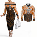 Custom Wests Tigers Couples Matching Off The Shoulder Long Sleeve Dress and Long Sleeve Button Shirt TigerWarrior Polynesia Islander Rugby Mascot