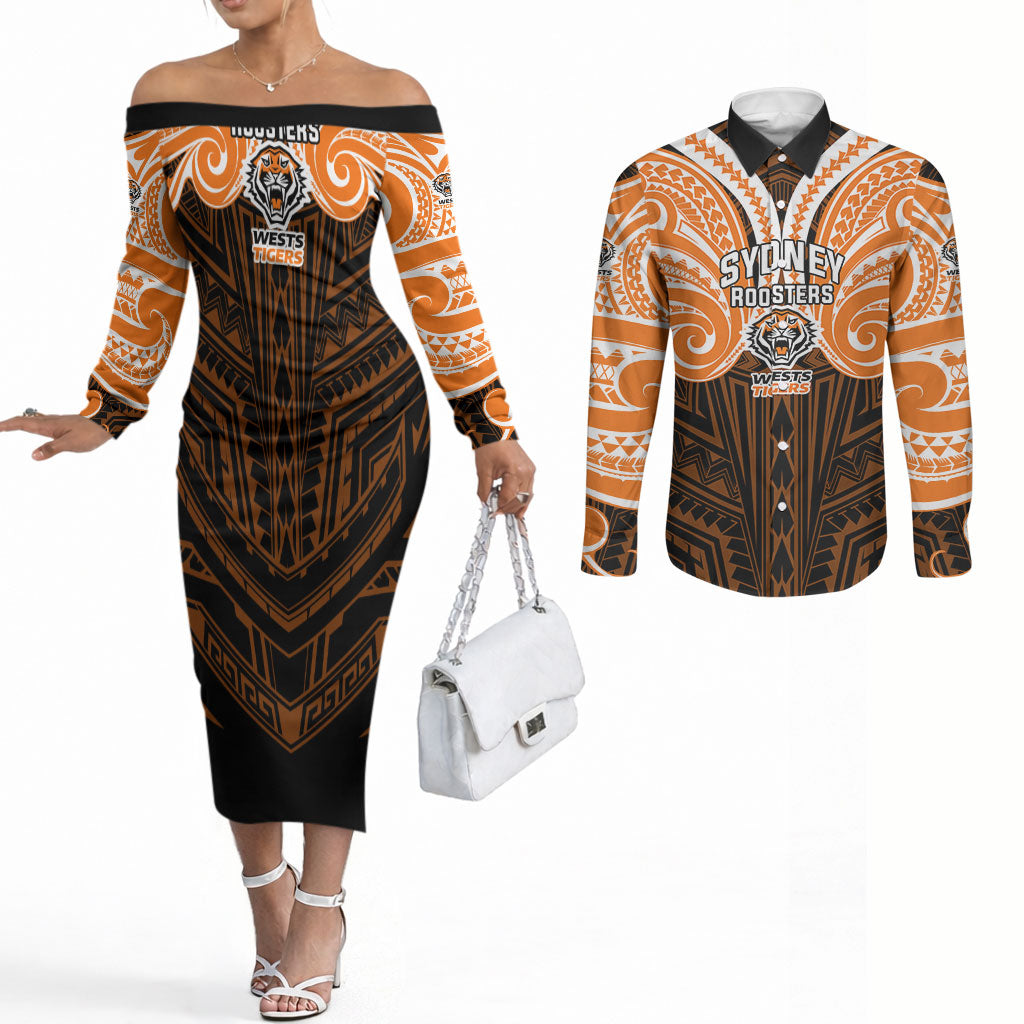Custom Wests Tigers Couples Matching Off The Shoulder Long Sleeve Dress and Long Sleeve Button Shirt TigerWarrior Polynesia Islander Rugby Mascot