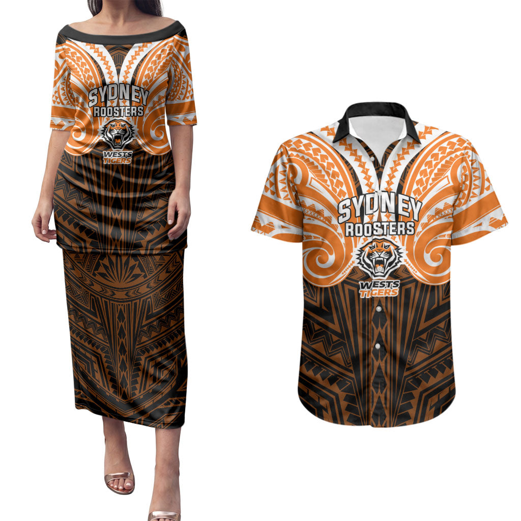 Custom Wests Tigers Couples Matching Puletasi and Hawaiian Shirt TigerWarrior Polynesia Islander Rugby Mascot