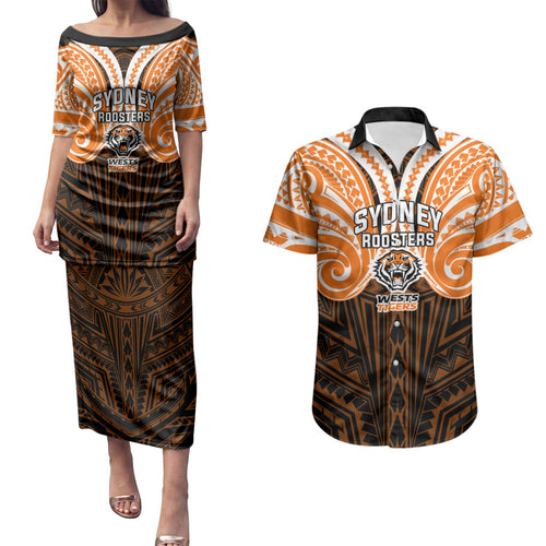 Custom Wests Tigers Couples Matching Puletasi and Hawaiian Shirt TigerWarrior Polynesia Islander Rugby Mascot