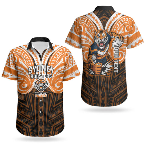 Custom Wests Tigers Couples Matching Puletasi and Hawaiian Shirt TigerWarrior Polynesia Islander Rugby Mascot