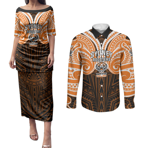 Custom Wests Tigers Couples Matching Puletasi and Long Sleeve Button Shirt TigerWarrior Polynesia Islander Rugby Mascot