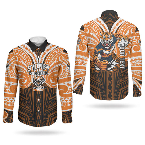 Custom Wests Tigers Couples Matching Puletasi and Long Sleeve Button Shirt TigerWarrior Polynesia Islander Rugby Mascot