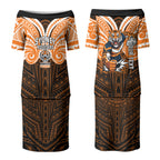 Custom Wests Tigers Couples Matching Puletasi and Long Sleeve Button Shirt TigerWarrior Polynesia Islander Rugby Mascot