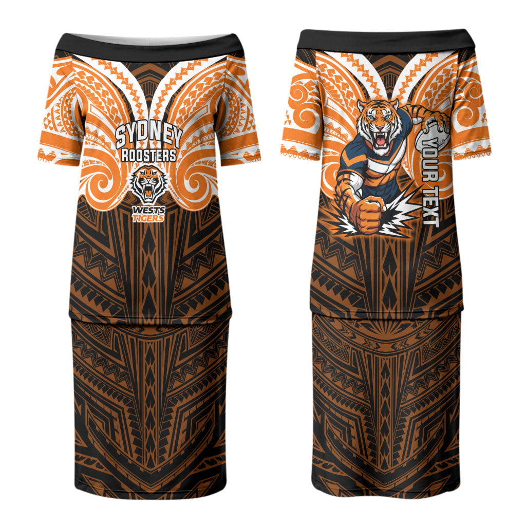 Custom Wests Tigers Couples Matching Puletasi and Long Sleeve Button Shirt TigerWarrior Polynesia Islander Rugby Mascot