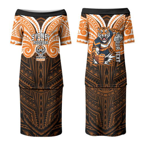 Custom Wests Tigers Couples Matching Puletasi and Long Sleeve Button Shirt TigerWarrior Polynesia Islander Rugby Mascot