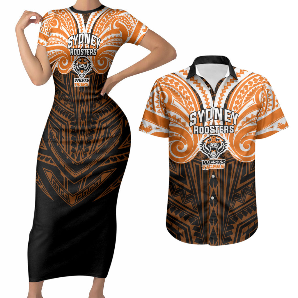 Custom Wests Tigers Couples Matching Short Sleeve Bodycon Dress and Hawaiian Shirt TigerWarrior Polynesia Islander Rugby Mascot