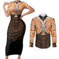 Custom Wests Tigers Couples Matching Short Sleeve Bodycon Dress and Long Sleeve Button Shirt TigerWarrior Polynesia Islander Rugby Mascot