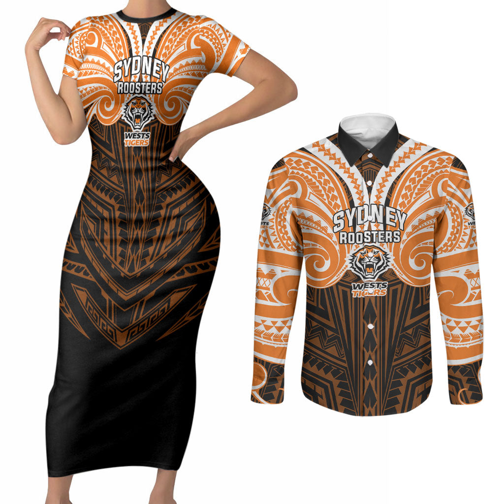 Custom Wests Tigers Couples Matching Short Sleeve Bodycon Dress and Long Sleeve Button Shirt TigerWarrior Polynesia Islander Rugby Mascot