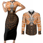 Custom Wests Tigers Couples Matching Short Sleeve Bodycon Dress and Long Sleeve Button Shirt TigerWarrior Polynesia Islander Rugby Mascot