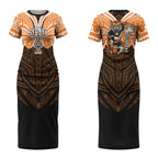 Custom Wests Tigers Couples Matching Short Sleeve Bodycon Dress and Long Sleeve Button Shirt TigerWarrior Polynesia Islander Rugby Mascot