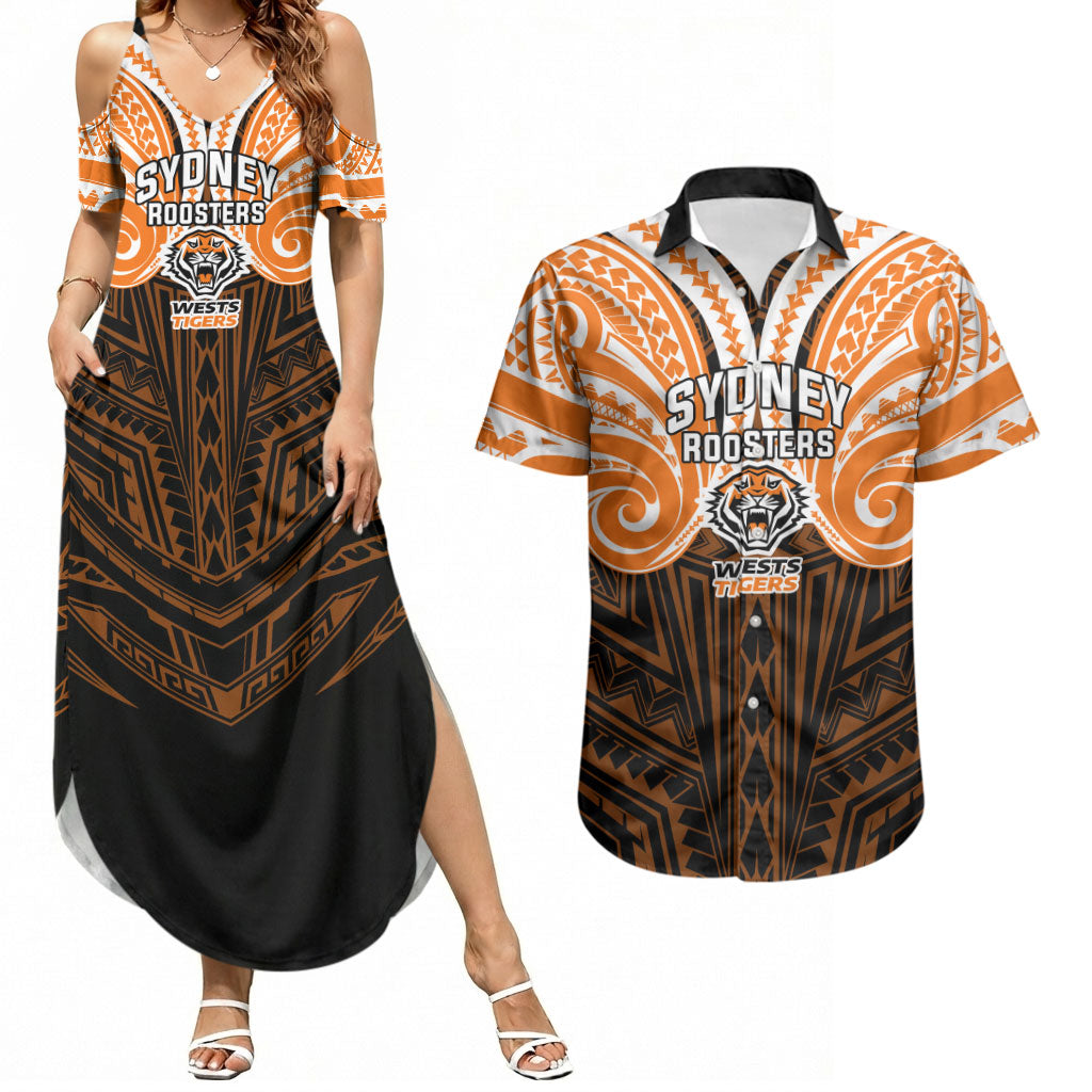 Custom Wests Tigers Couples Matching Summer Maxi Dress and Hawaiian Shirt TigerWarrior Polynesia Islander Rugby Mascot
