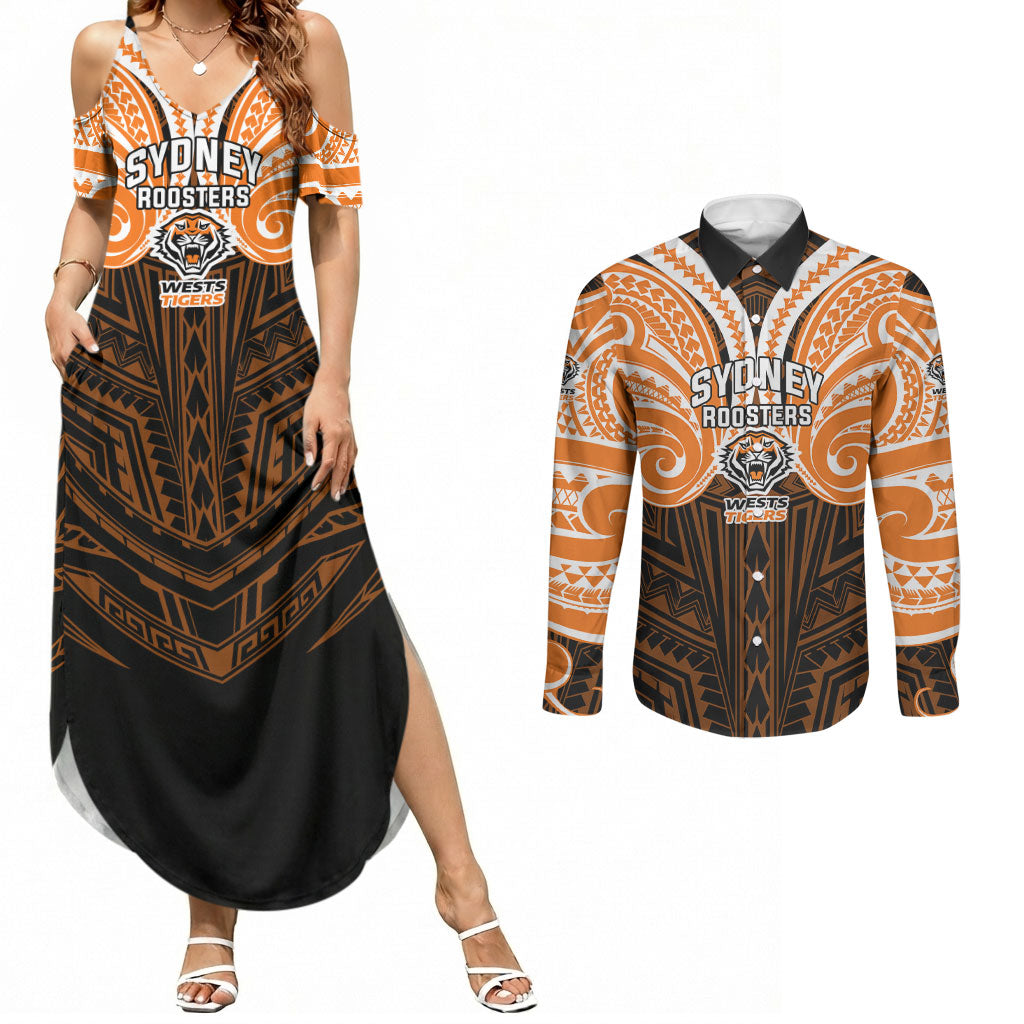 Custom Wests Tigers Couples Matching Summer Maxi Dress and Long Sleeve Button Shirt TigerWarrior Polynesia Islander Rugby Mascot