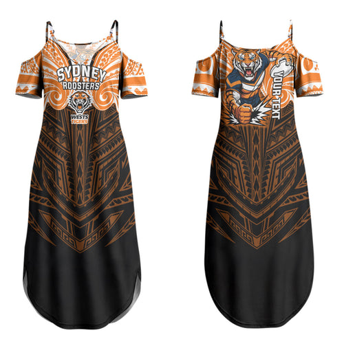 Custom Wests Tigers Couples Matching Summer Maxi Dress and Long Sleeve Button Shirt TigerWarrior Polynesia Islander Rugby Mascot
