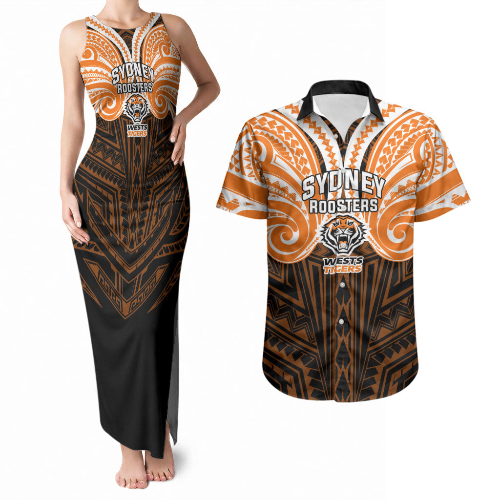 Custom Wests Tigers Couples Matching Tank Maxi Dress and Hawaiian Shirt TigerWarrior Polynesia Islander Rugby Mascot