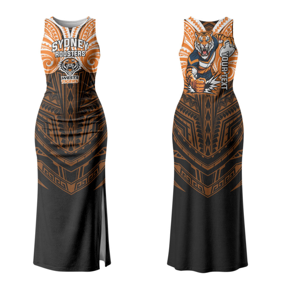 Custom Wests Tigers Couples Matching Tank Maxi Dress and Hawaiian Shirt TigerWarrior Polynesia Islander Rugby Mascot