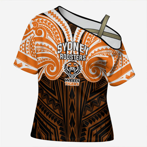 Custom Wests Tigers Cross Shoulder Shirt TigerWarrior Polynesia Islander Rugby Mascot