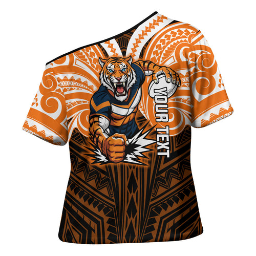 Custom Wests Tigers Cross Shoulder Shirt TigerWarrior Polynesia Islander Rugby Mascot