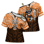 Custom Wests Tigers Cross Shoulder Shirt TigerWarrior Polynesia Islander Rugby Mascot