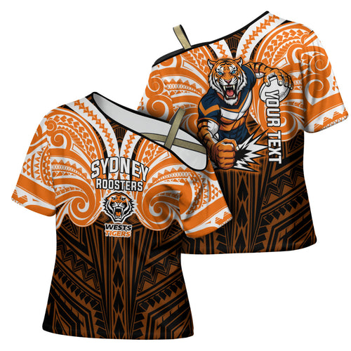 Custom Wests Tigers Cross Shoulder Shirt TigerWarrior Polynesia Islander Rugby Mascot