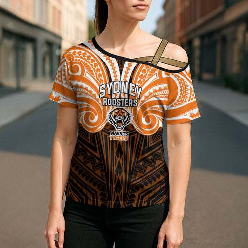 Custom Wests Tigers Cross Shoulder Shirt TigerWarrior Polynesia Islander Rugby Mascot