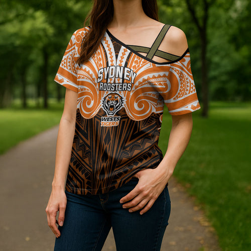 Custom Wests Tigers Cross Shoulder Shirt TigerWarrior Polynesia Islander Rugby Mascot