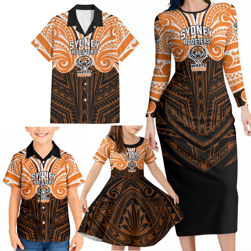 Custom Wests Tigers Family Matching Long Sleeve Bodycon Dress and Hawaiian Shirt TigerWarrior Polynesia Islander Rugby Mascot