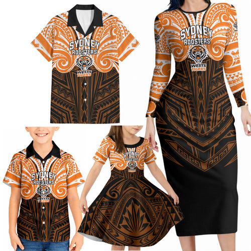 Custom Wests Tigers Family Matching Long Sleeve Bodycon Dress and Hawaiian Shirt TigerWarrior Polynesia Islander Rugby Mascot