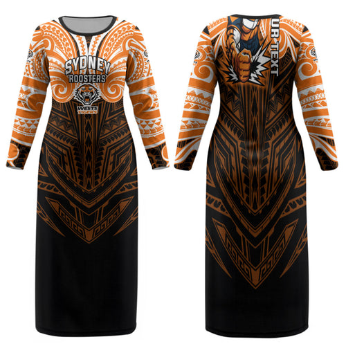 Custom Wests Tigers Family Matching Long Sleeve Bodycon Dress and Hawaiian Shirt TigerWarrior Polynesia Islander Rugby Mascot