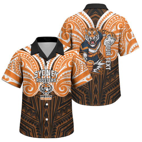 Custom Wests Tigers Family Matching Long Sleeve Bodycon Dress and Hawaiian Shirt TigerWarrior Polynesia Islander Rugby Mascot