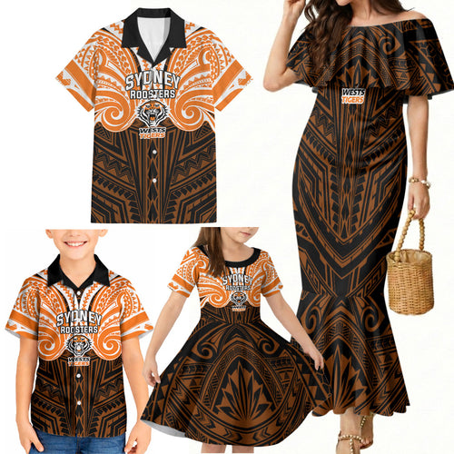 Custom Wests Tigers Family Matching Mermaid Dress and Hawaiian Shirt TigerWarrior Polynesia Islander Rugby Mascot