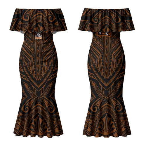 Custom Wests Tigers Family Matching Mermaid Dress and Hawaiian Shirt TigerWarrior Polynesia Islander Rugby Mascot