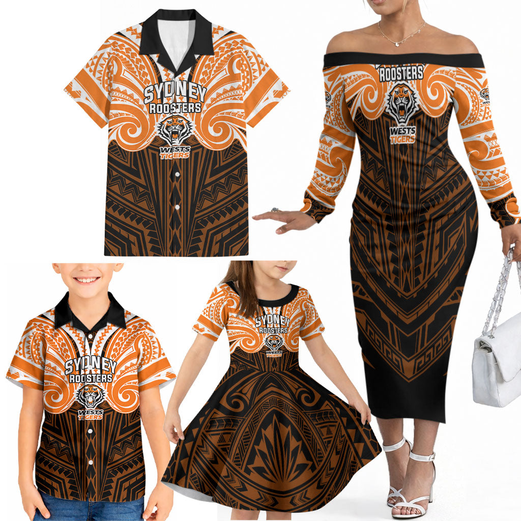 Custom Wests Tigers Family Matching Off The Shoulder Long Sleeve Dress and Hawaiian Shirt TigerWarrior Polynesia Islander Rugby Mascot