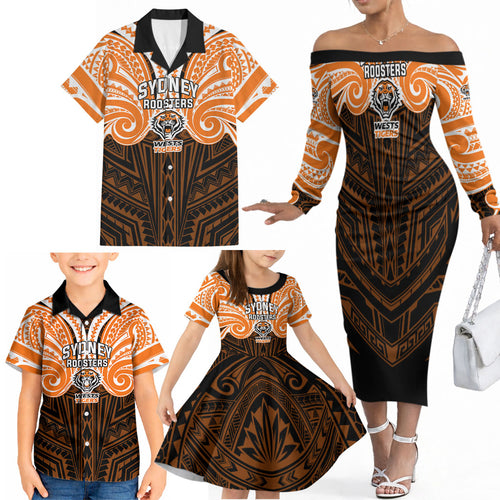 Custom Wests Tigers Family Matching Off The Shoulder Long Sleeve Dress and Hawaiian Shirt TigerWarrior Polynesia Islander Rugby Mascot