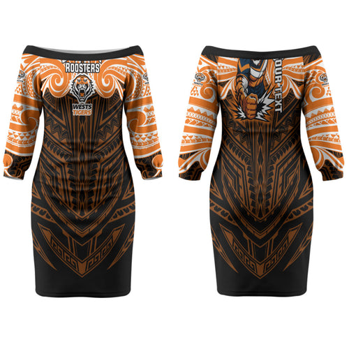 Custom Wests Tigers Family Matching Off The Shoulder Long Sleeve Dress and Hawaiian Shirt TigerWarrior Polynesia Islander Rugby Mascot