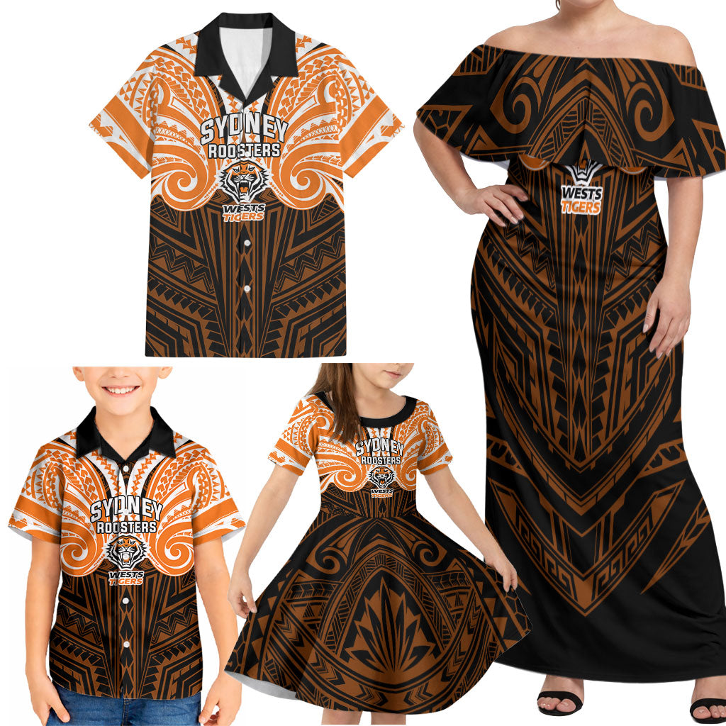 Custom Wests Tigers Family Matching Off Shoulder Maxi Dress and Hawaiian Shirt TigerWarrior Polynesia Islander Rugby Mascot
